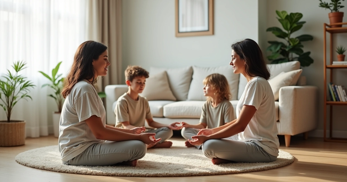 Família sentada em círculo meditando em sala de estar clara 