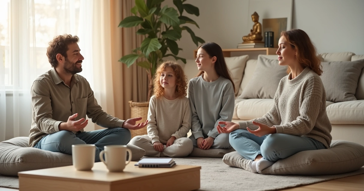 Família sentada em círculo meditando em sala de estar tranquila 