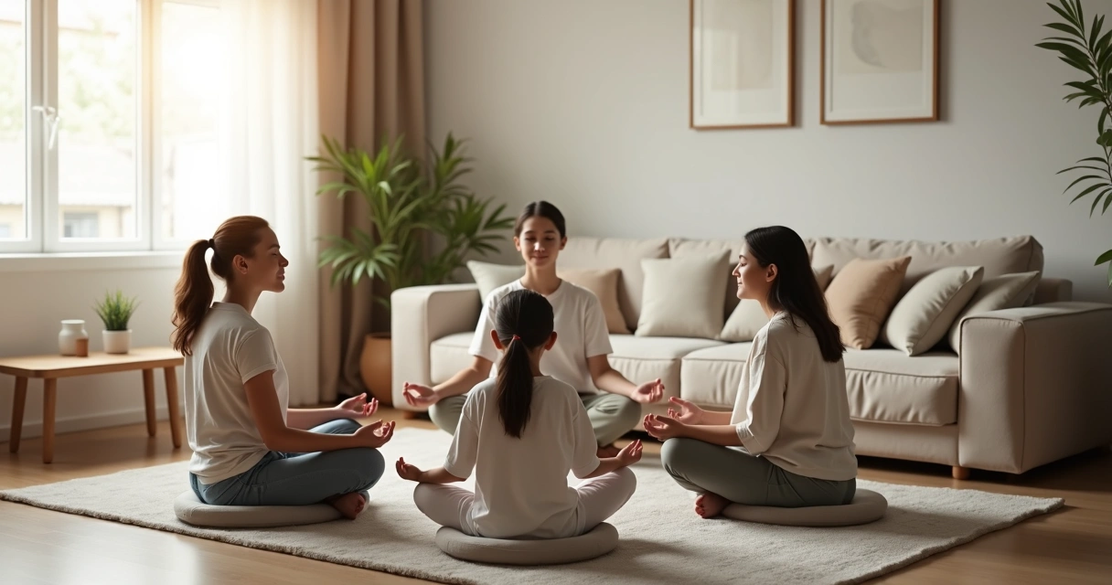 Família sentada em círculo meditando calmamente na sala de estar 