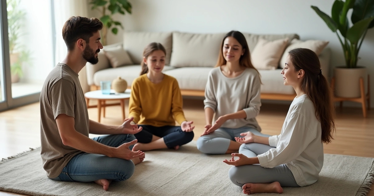 Família sentada em círculo na sala praticando respiração consciente juntos 