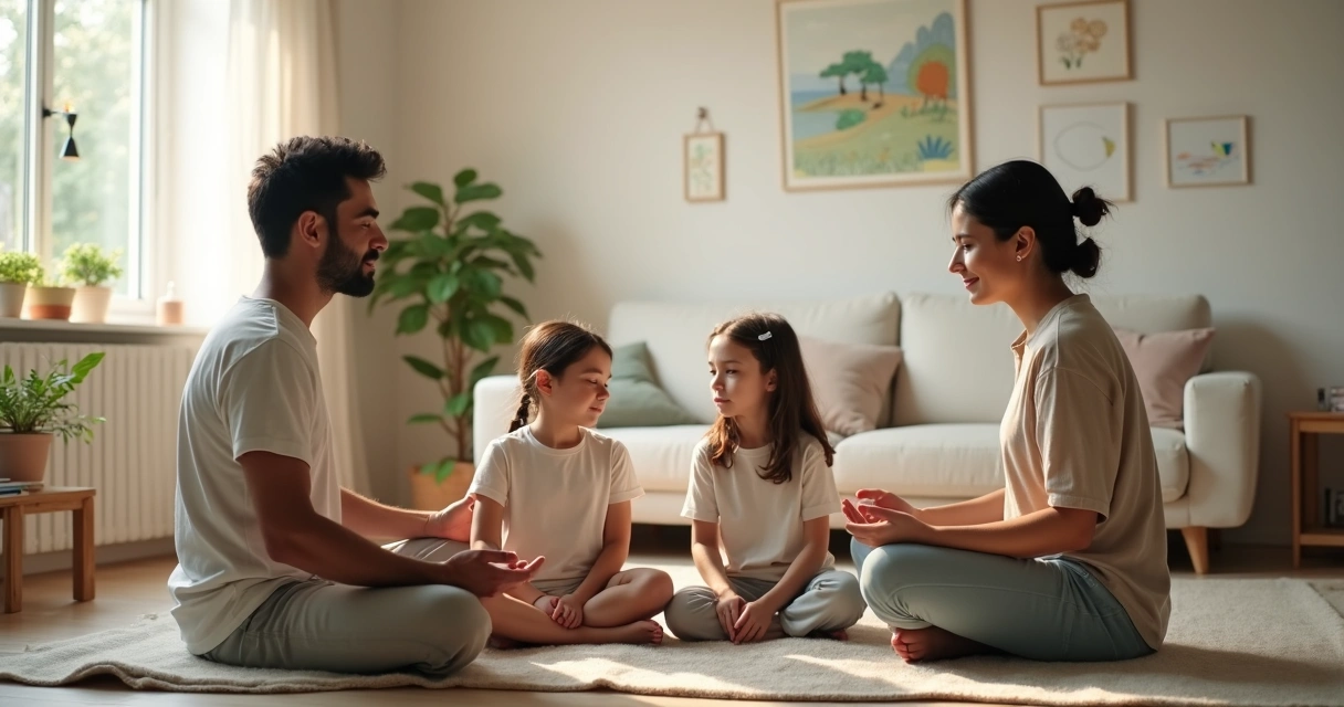 Familia con niños pequeños meditando juntos en el salón de casa 