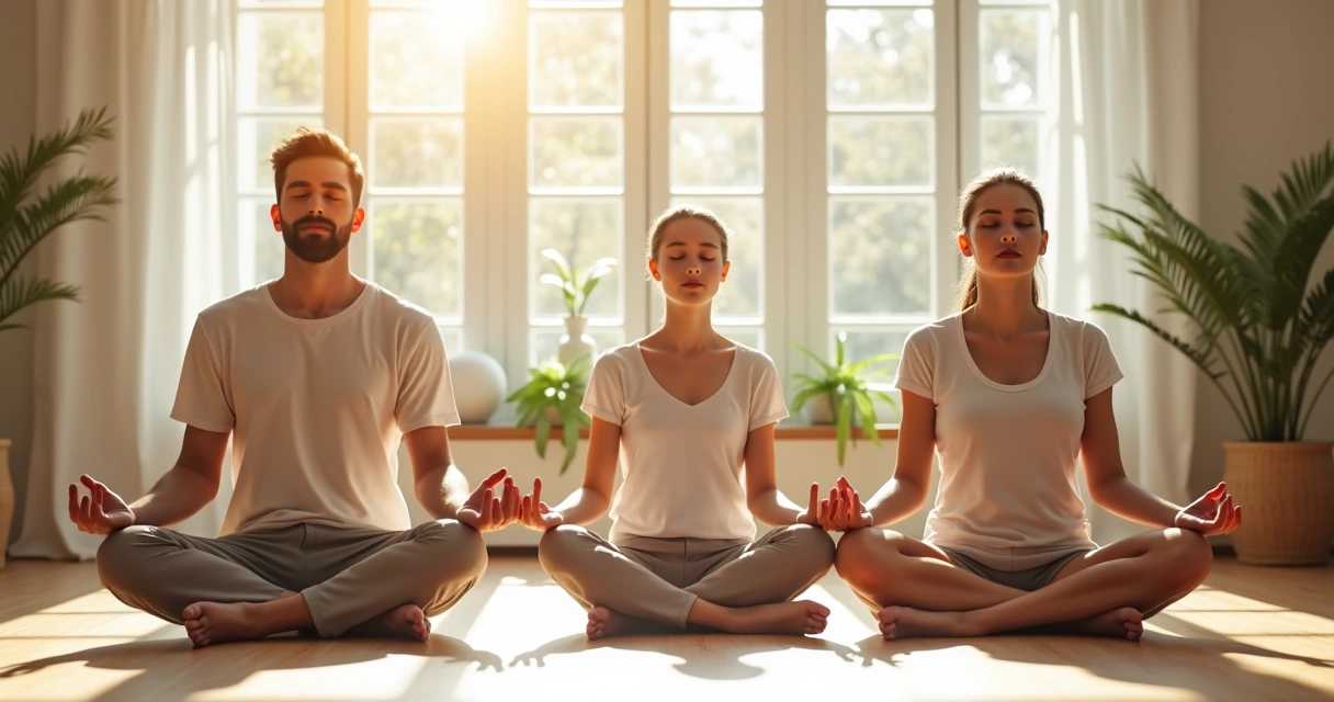 Família praticando meditação em casa, sentados no chão, ambiente de paz e silêncio