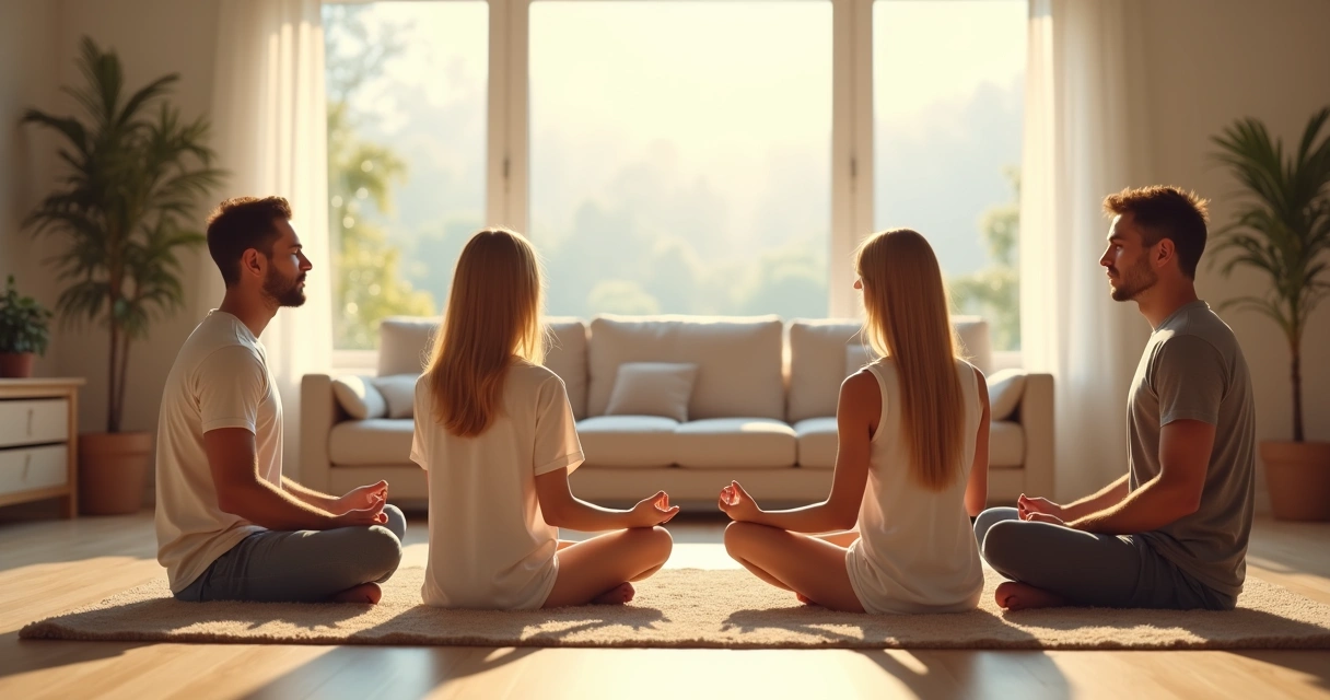 Familia sentada en círculo meditando en una sala iluminada por la mañana. 