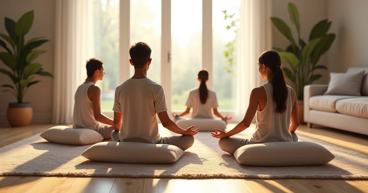 Família sentada em círculo praticando atenção plena em sala de estar. 