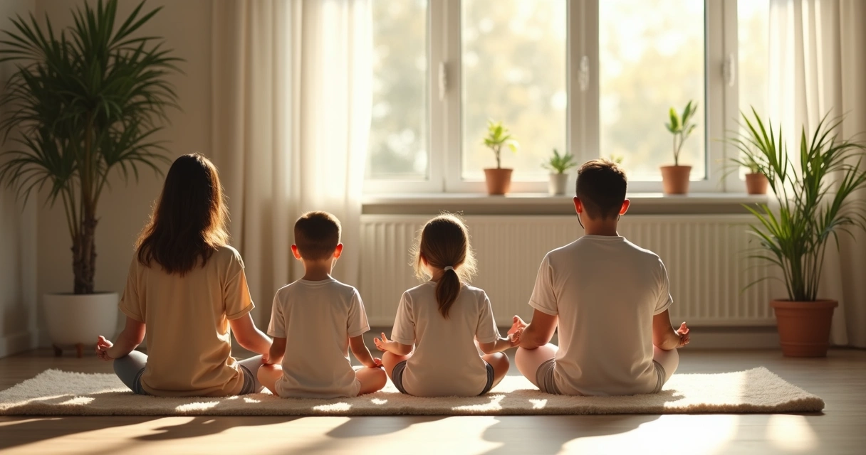 Família sentada em círculo meditando em sala de estar iluminada
