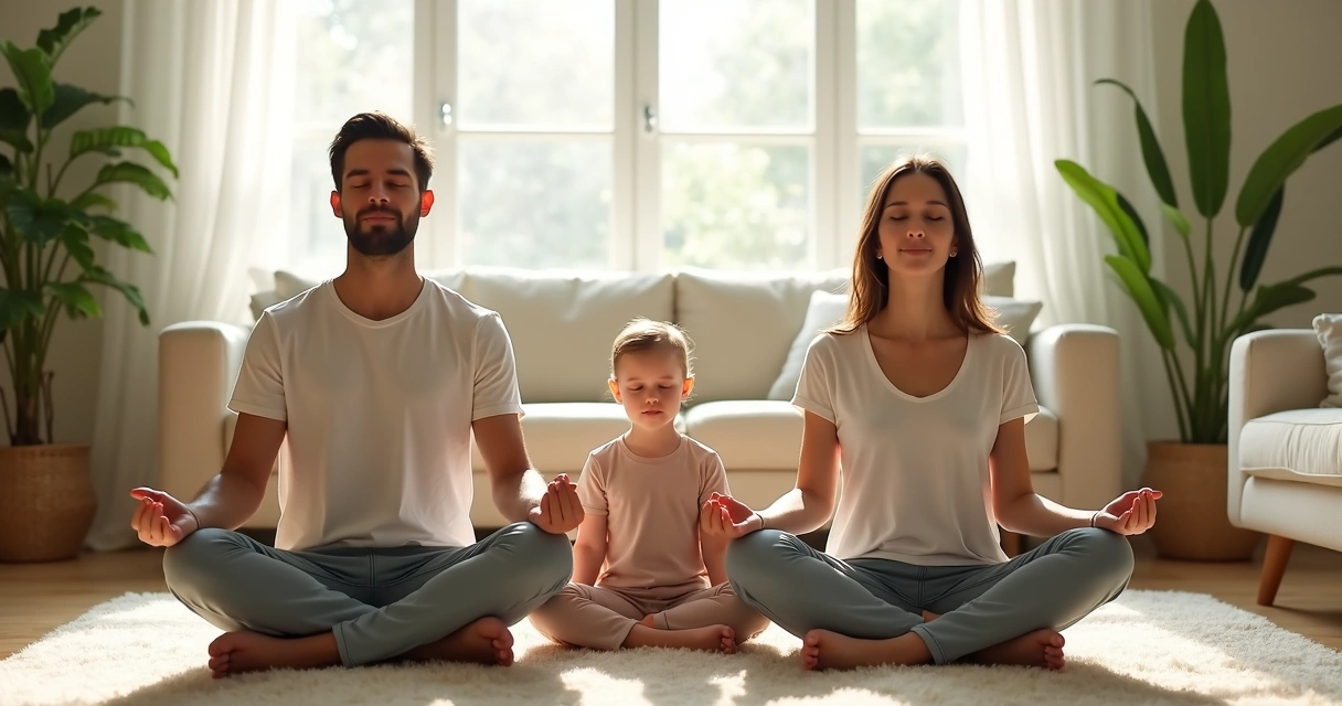 Família meditando sentada no chão da sala 