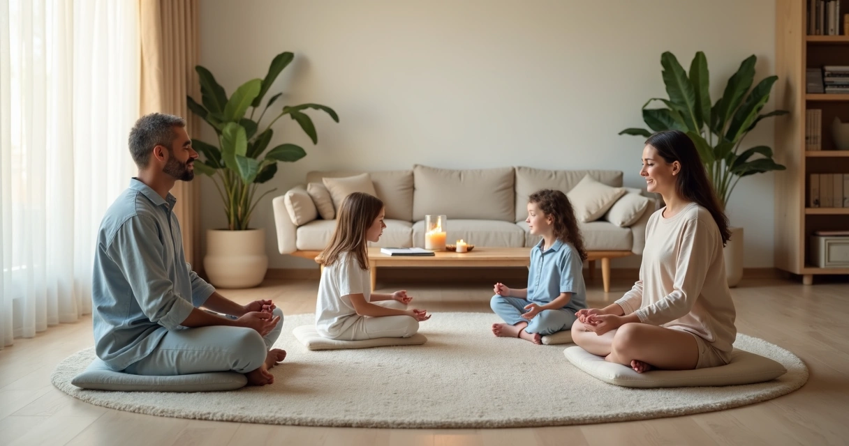 Família sentada meditando junta em uma sala de estar iluminada 