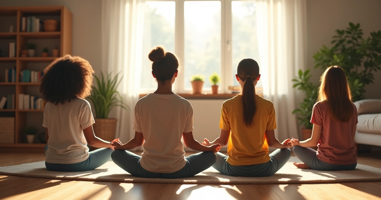 Família praticando meditação sentada na sala de casa 