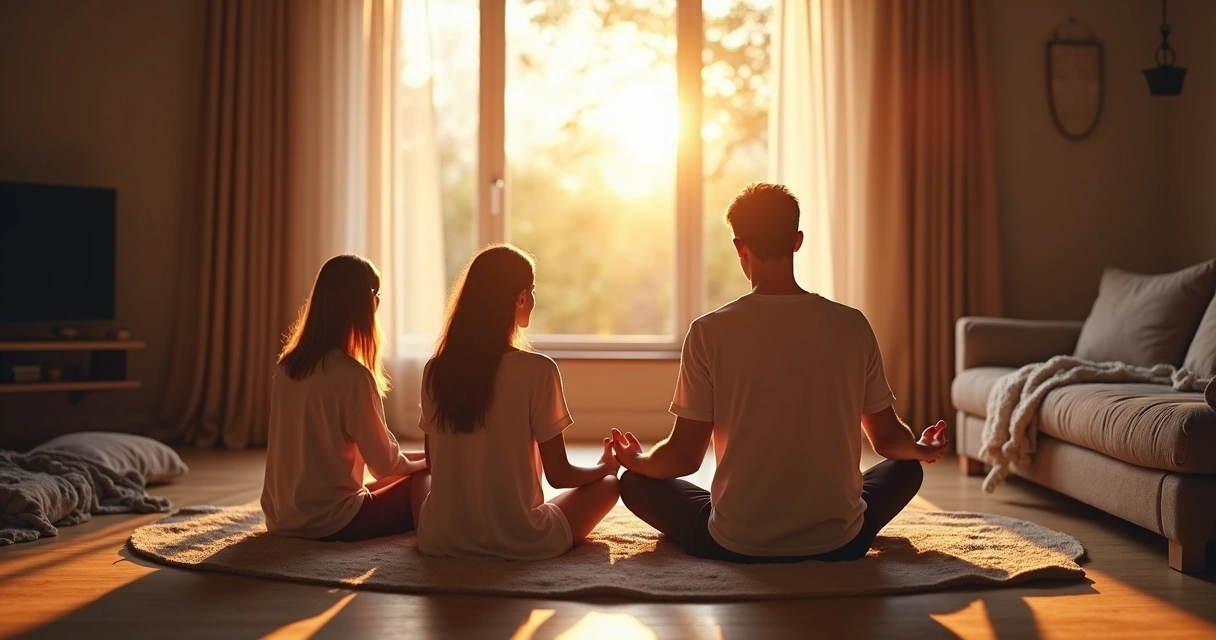 Familia sentada en círculo en el suelo de la sala, meditando juntos al atardecer. 