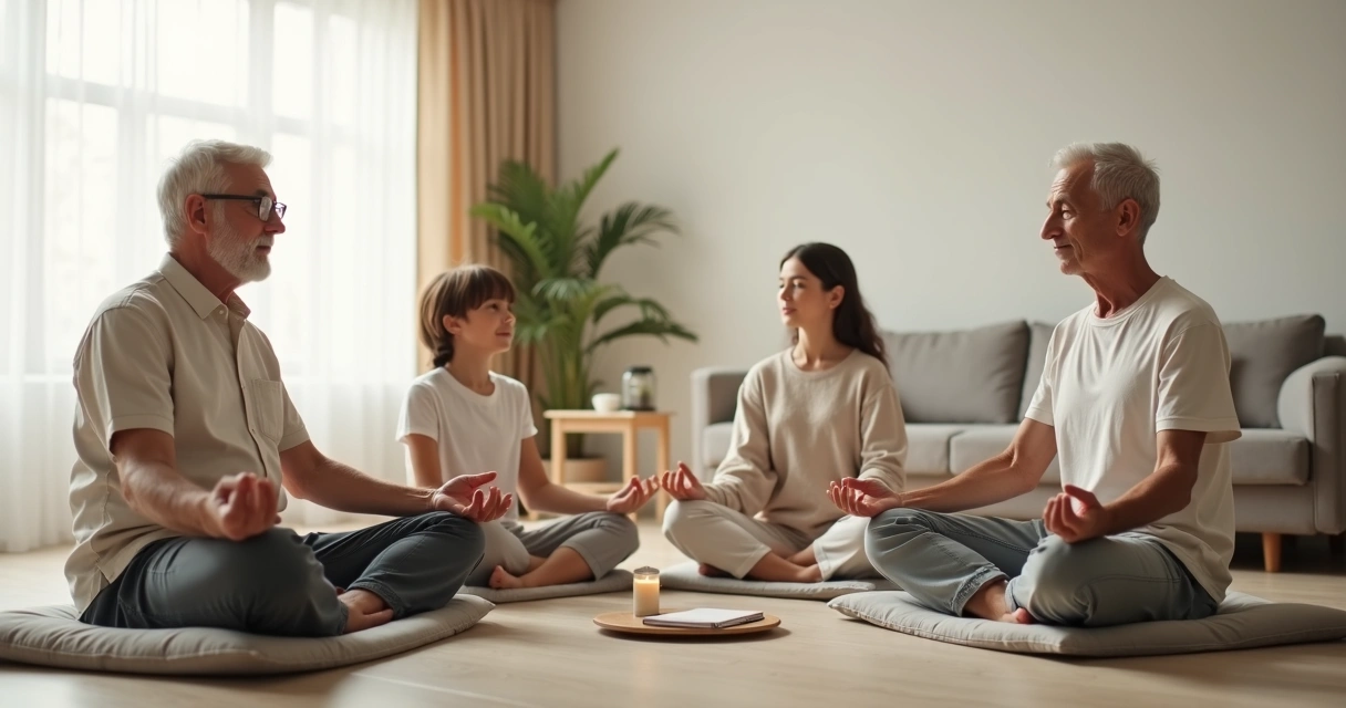 Família sentada em círculo meditando em sala de estar iluminada 