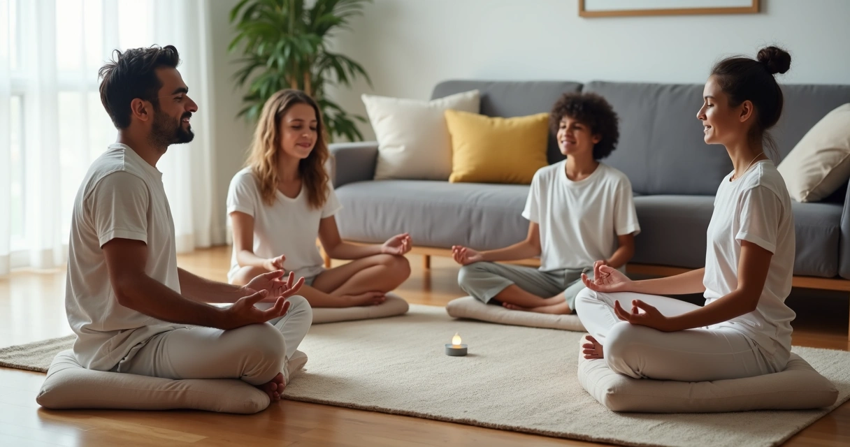 Familia sentada en círculo meditando en una sala de estar luminosa 