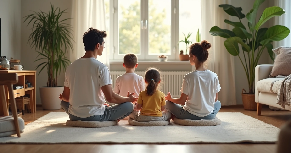 Família sentada em círculo meditando na sala de estar 