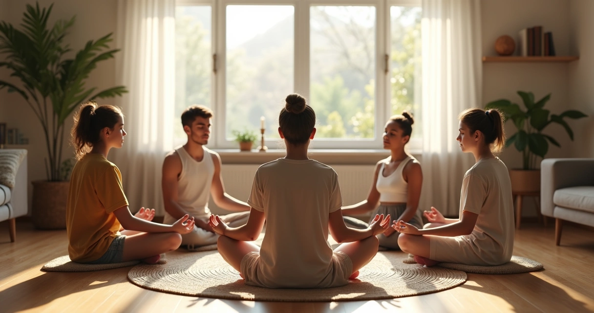 Família sentada em círculo meditando em sala iluminada e tranquila 
