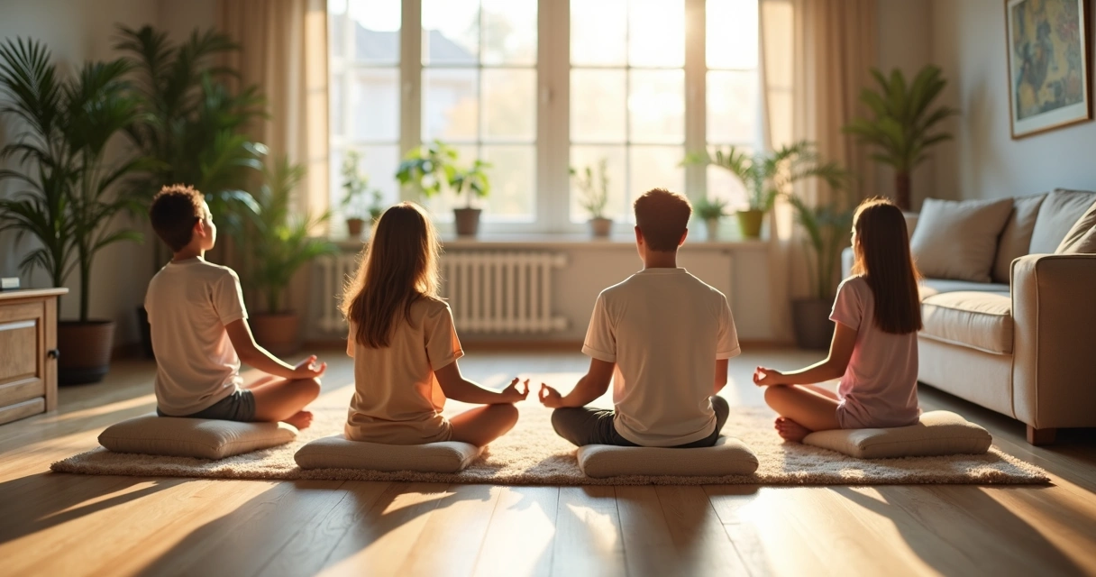 Familia sentada en círculo meditando en el salón 