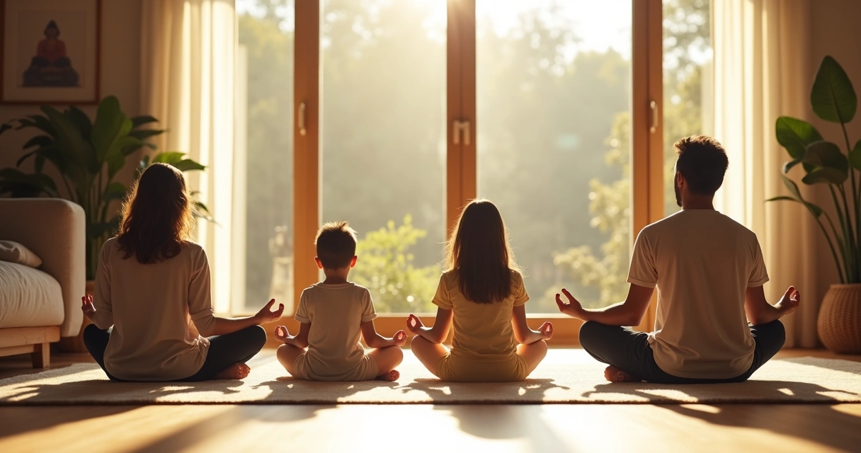 Familia meditando sentada en sala iluminada por sol 