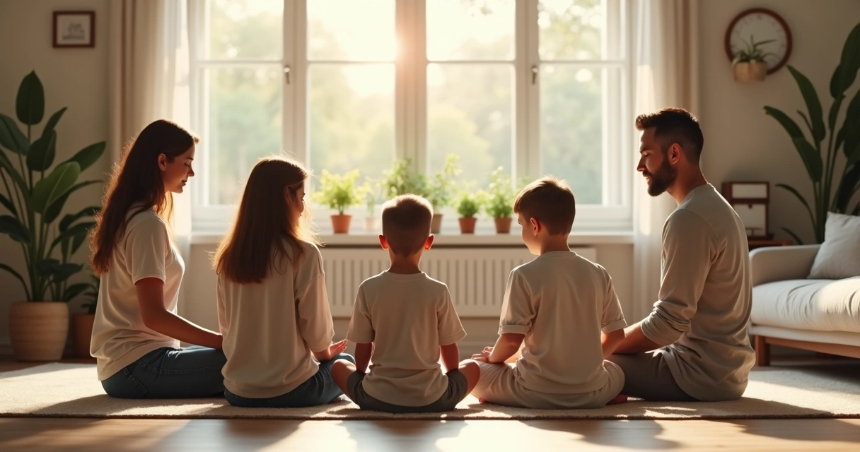 Família sentada em círculo meditando em sala de estar iluminada 