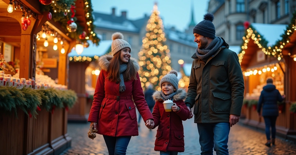 Família com crianças passeando em mercado de Natal europeu ao anoitecer 