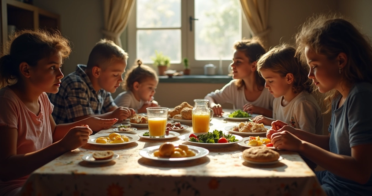 Família argentina almoçando com prato simples sem carne 