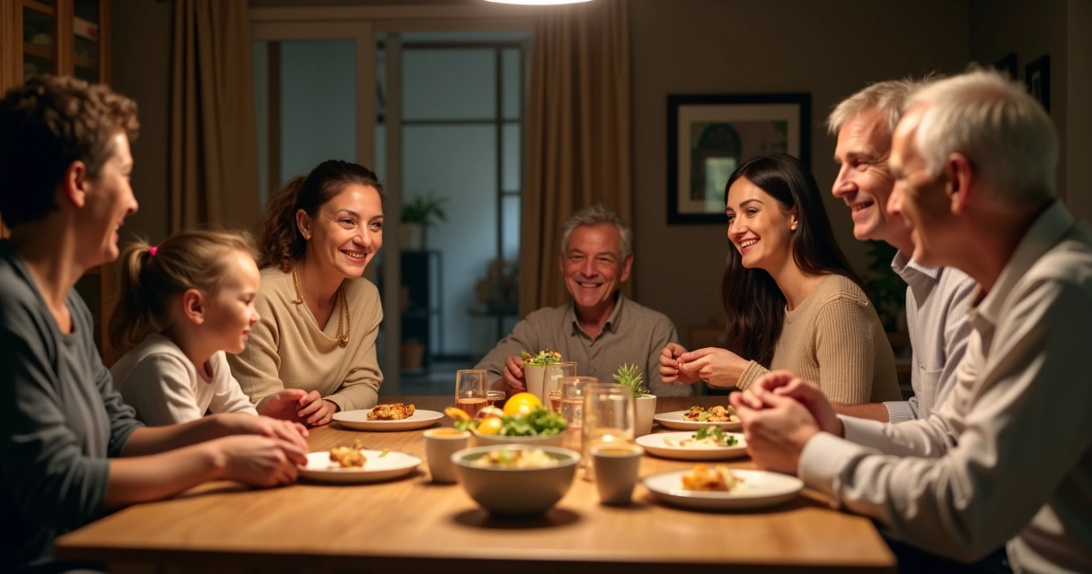 Família reunida na mesa com uma pessoa isolada no canto 