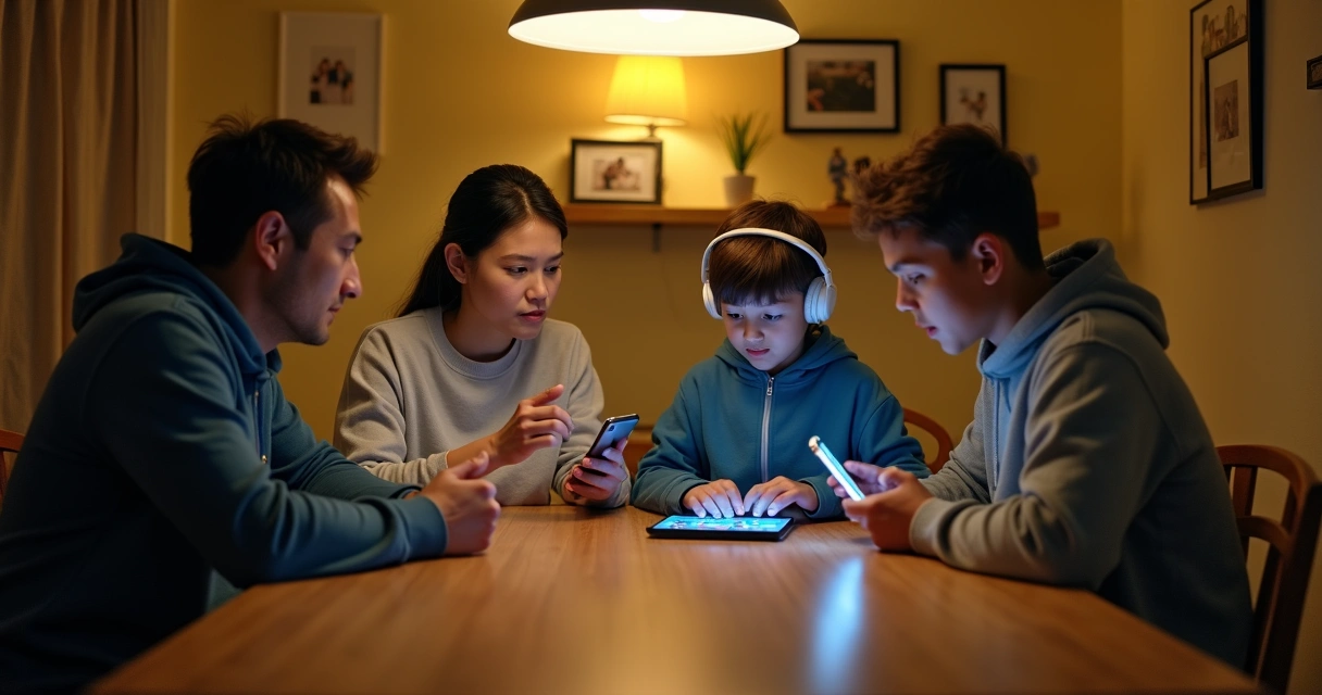 Família em mesa de jantar dividida entre conversa e celulares 