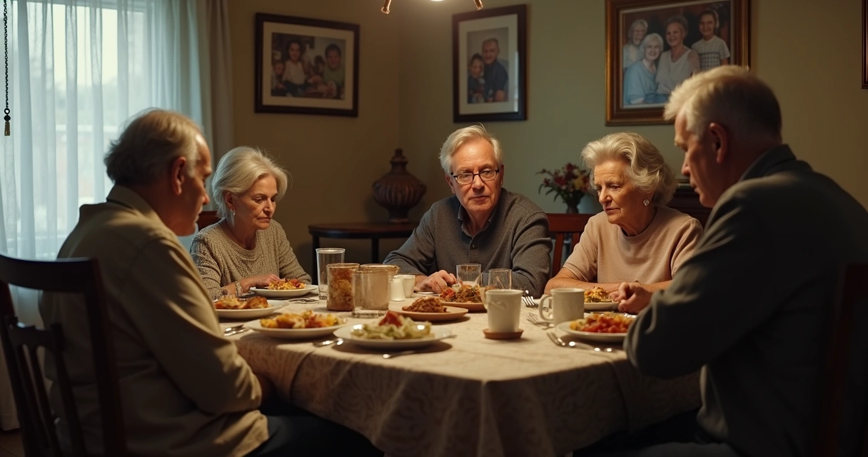 Família sentada à mesa em silêncio com clima de tensão 