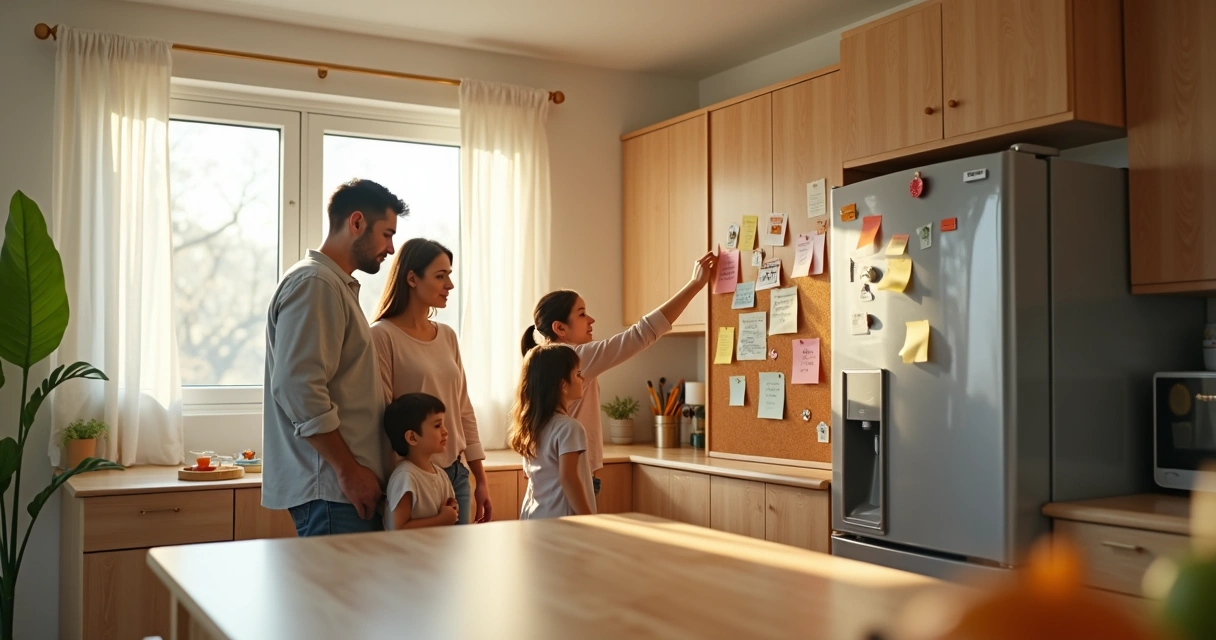 Familia organizando pequeños hábitos con notas de colores en la cocina 
