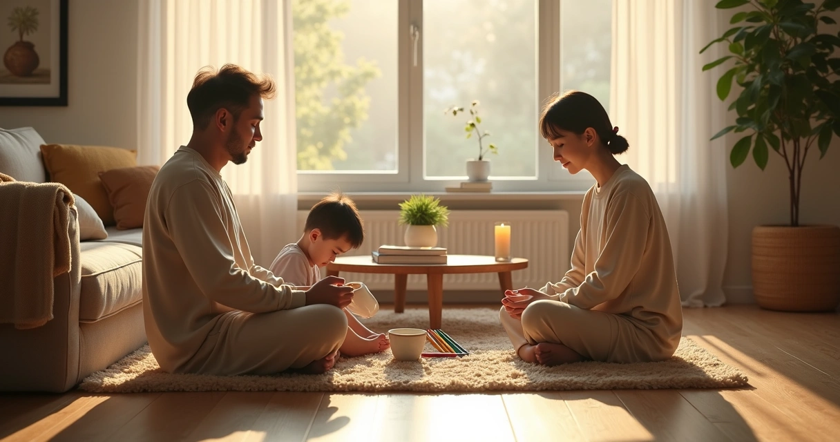 Familia practicando microhábitos de presencia en la sala de estar del hogar 