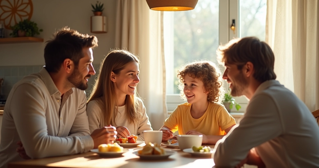 Familia compartiendo un desayuno, mirándose y sonriendo en la cocina 