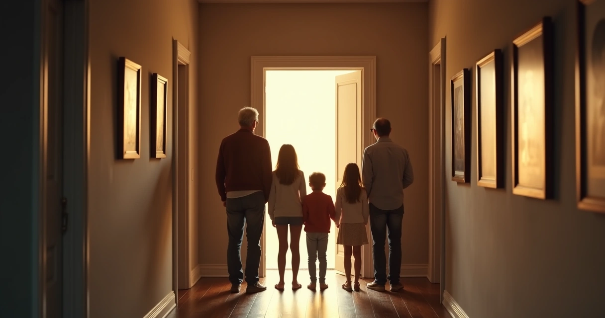 Familia observa una puerta luminosa desde un pasillo en penumbra 