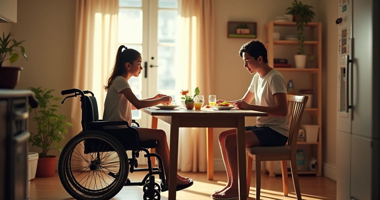 Família auxiliando adolescente com mielomeningocele em atividades diárias