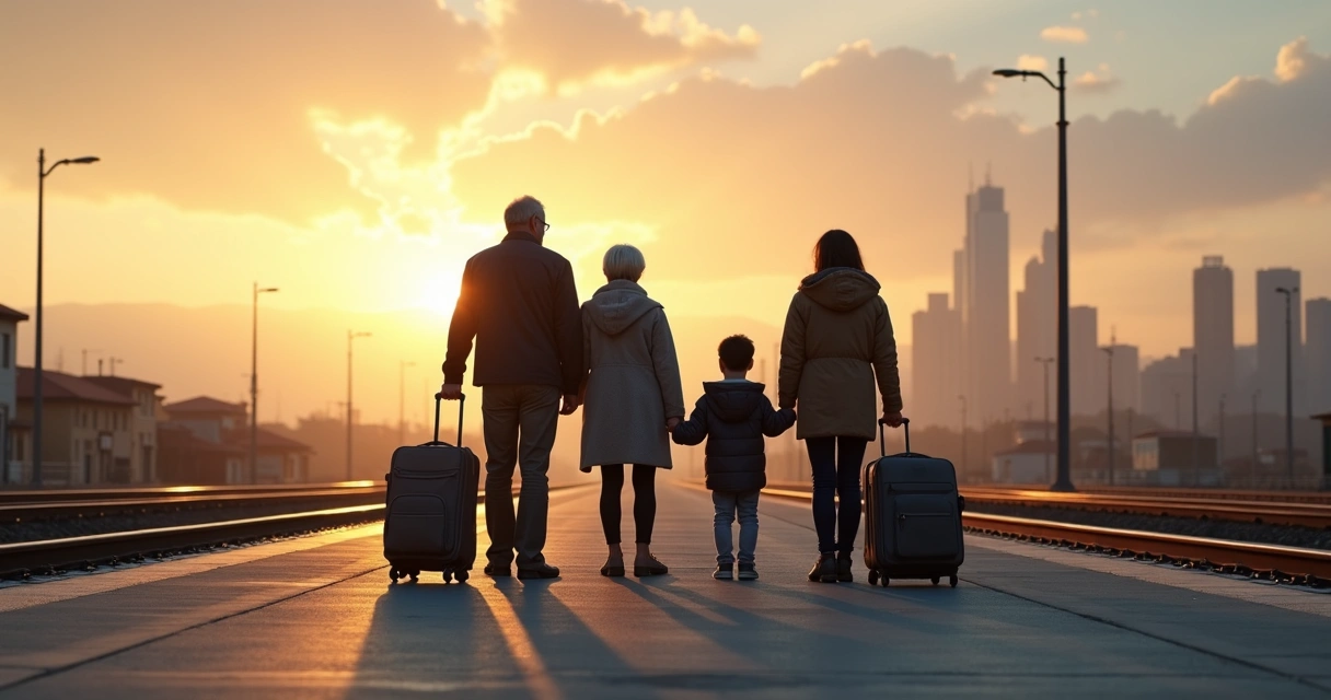 Familia con maletas observando dos ciudades desde un andén de tren 