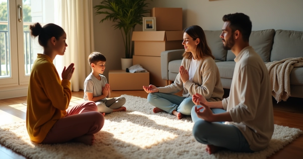 Família praticando mindfulness sentada em sala iluminada perto de caixas de mudança 