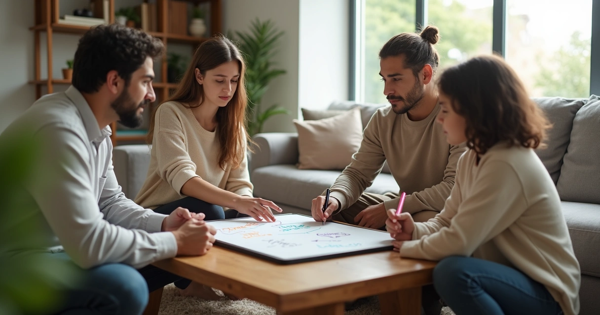 Família em sala de estar usando quadro branco para resolver conflito juntos 