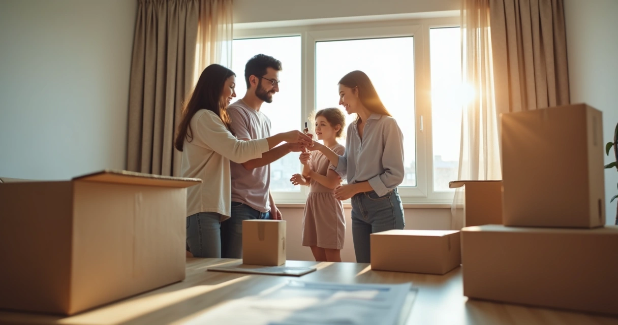 Família sorridente recebendo chave de apartamento novo 