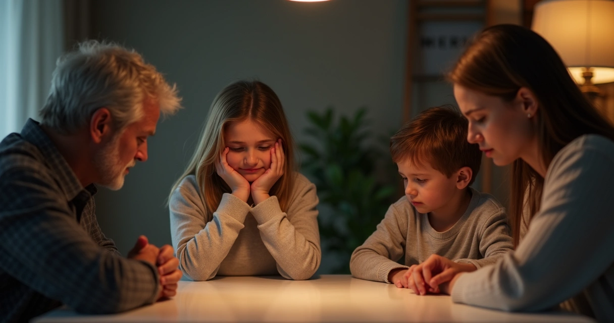 Familia sentada en mesa con miradas serias y silenciosas 