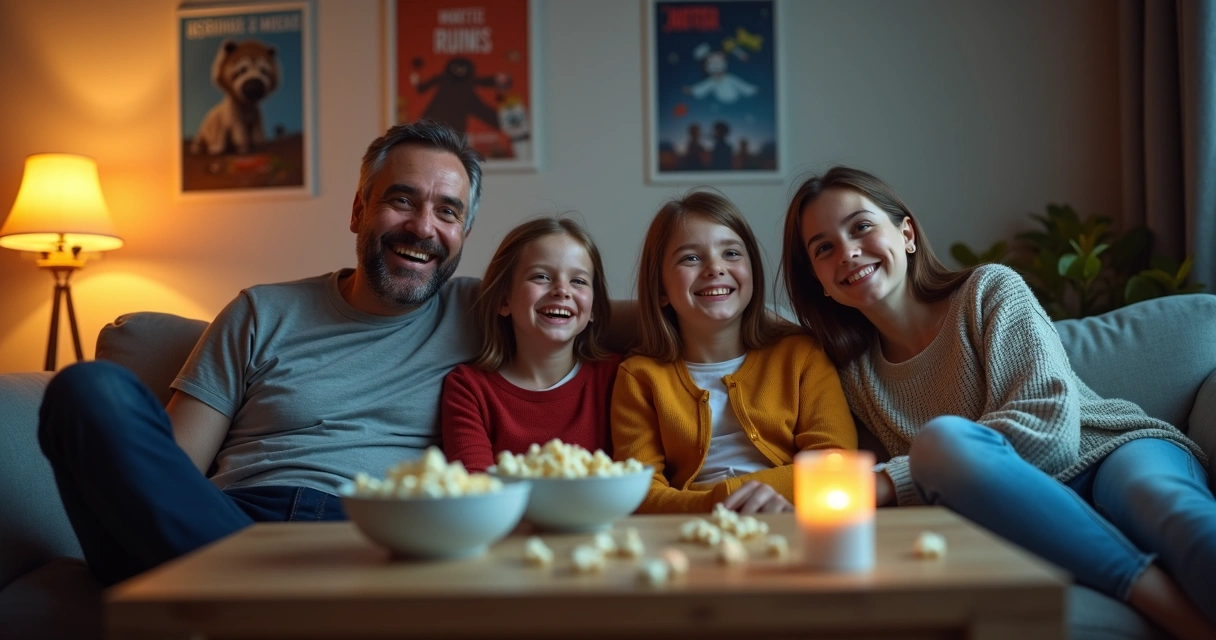 Familia sentada en el sofá viendo una película juntos