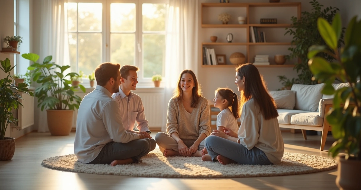 Família moderna em círculo conectada por linhas luminosas 