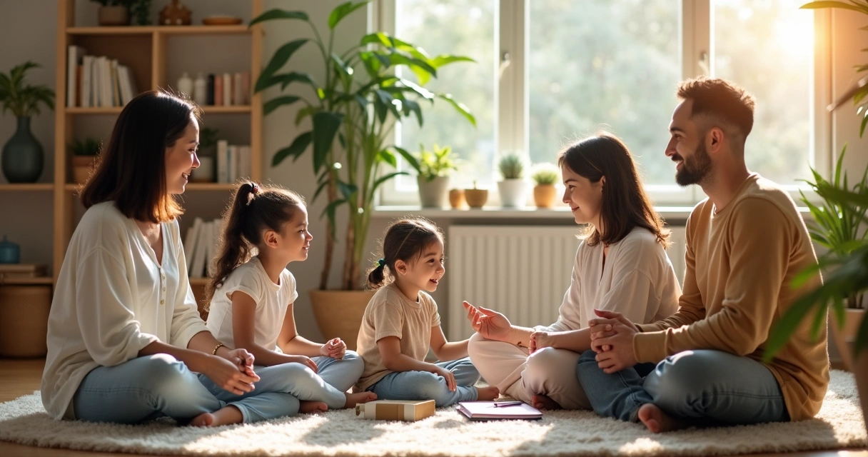 Família moderna unida em sala aconchegante conversando e meditando juntas 