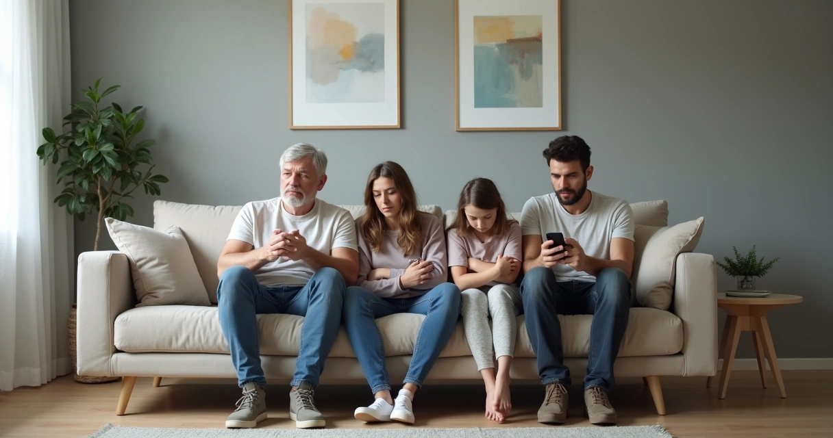 Familia moderna sentada en el sofá mostrando distintas emociones en silencio 