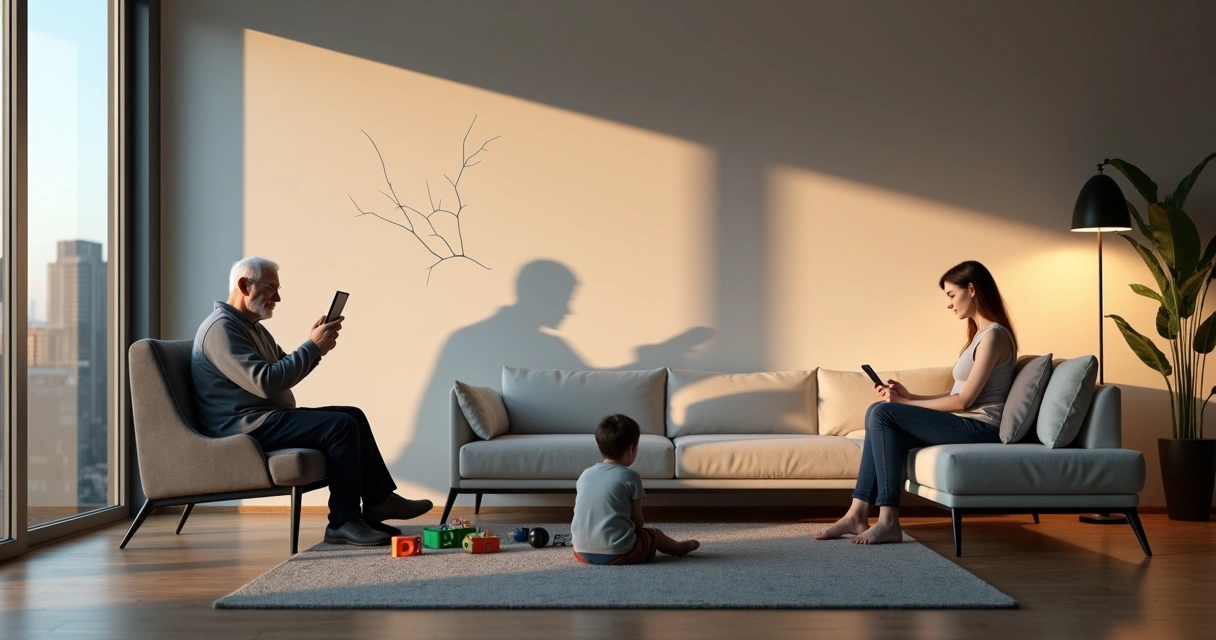 Família moderna em sala com sombras em forma de rachaduras na parede 