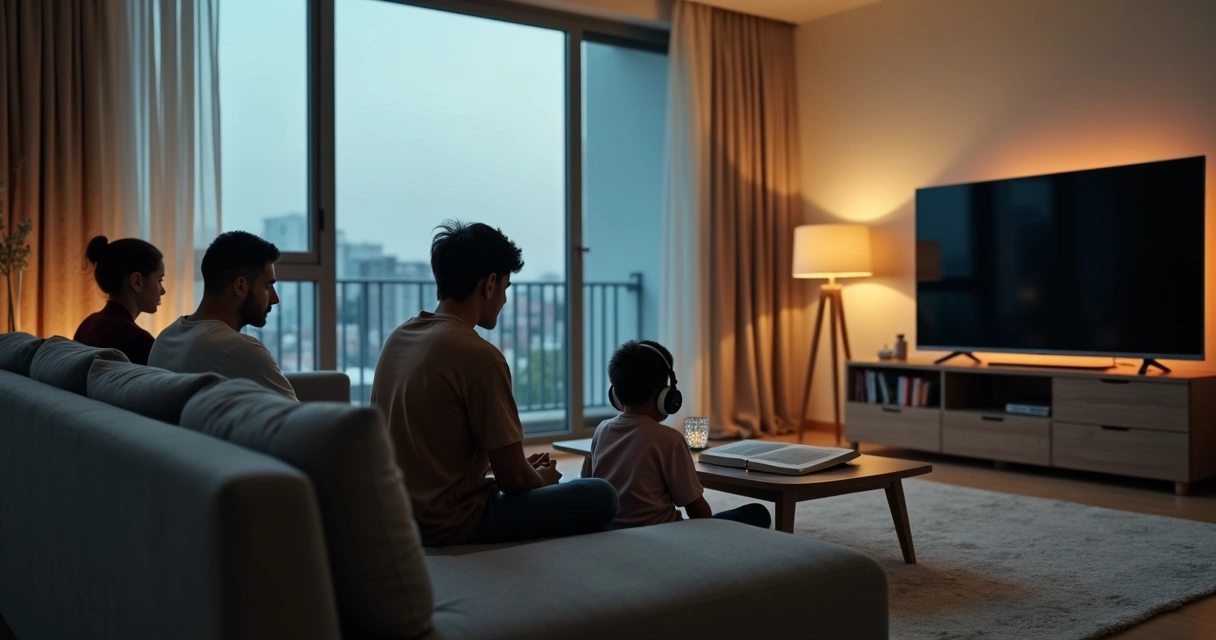 Sala de estar moderna com familiares calados sentados separados no sofá 