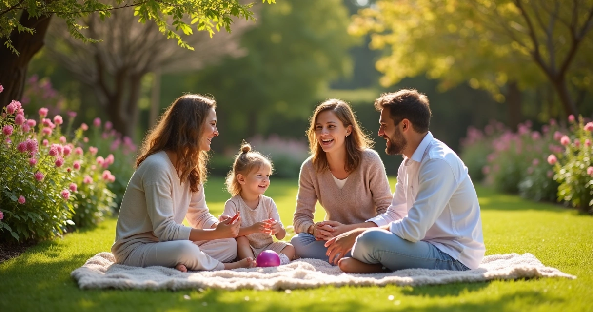 Família reunida em jardim aproveitando momento de paz juntos 