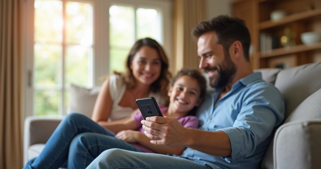 Família sorrindo em sala, olhando monitoramento por aplicativo no celular 
