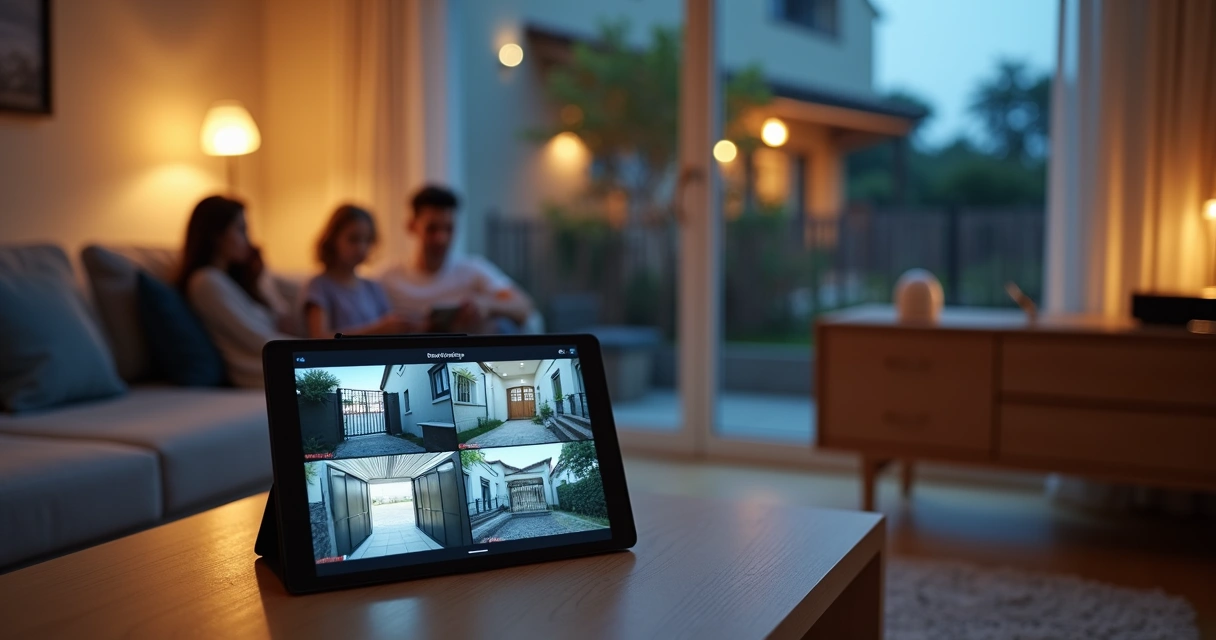 Família observando imagens de câmera residencial em tablet na sala de estar 