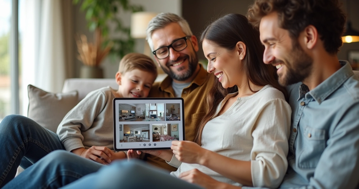 Família monitorando câmeras pelo tablet