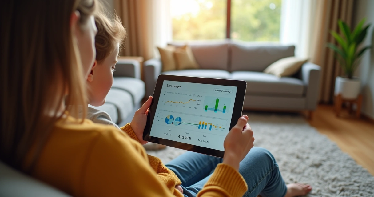 Família observando app de monitoramento de energia solar em tablet no sofá 