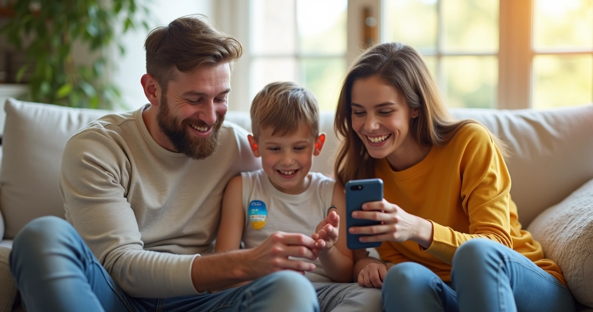 Família observando dados de monitoramento em smartphone, com criança usando sensor no braço.