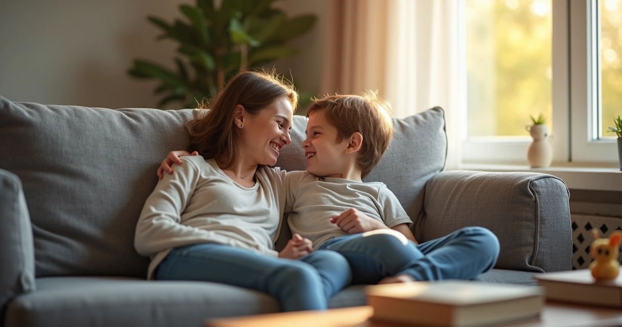 Mãe e filho sentados juntos no sofá da sala de estar, conversando de forma acolhedora e olhando um para o outro.