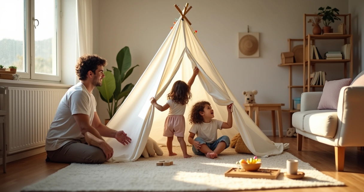 Pais e filhos montando cabana de lençois na sala de estar 