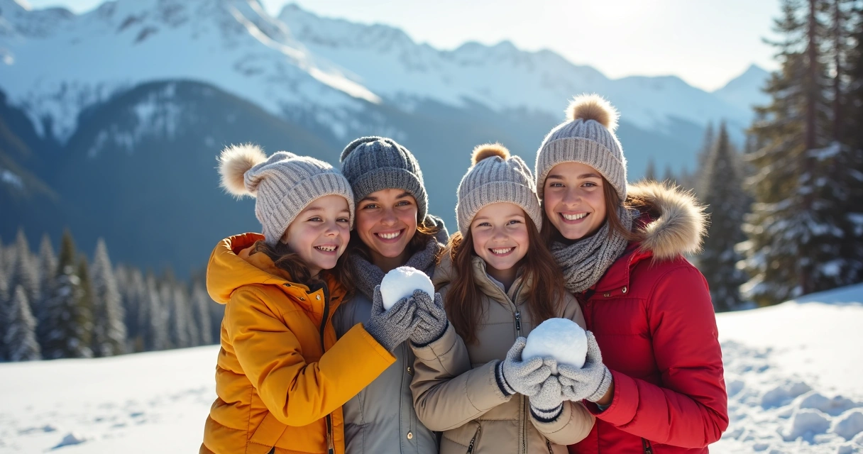 Família sorrindo em férias de inverno nas montanhas 